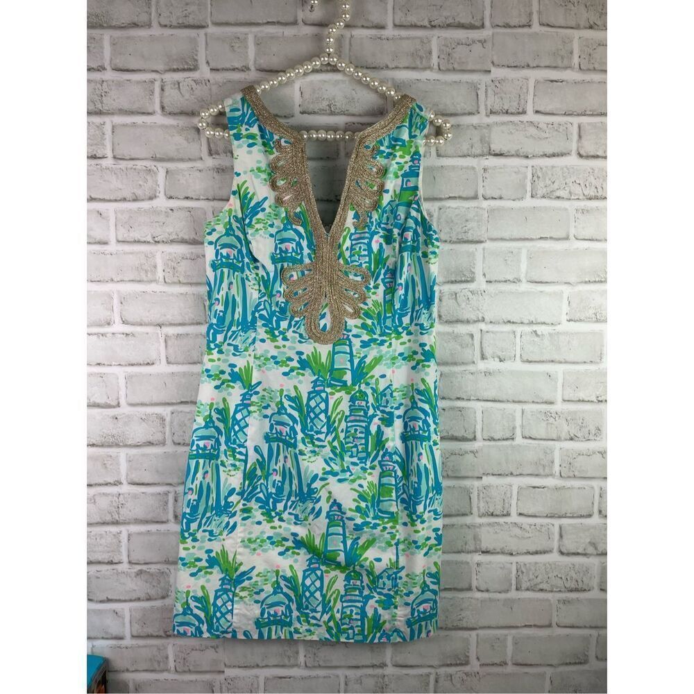 Lilly Pulitzer Janice Shift Dress High Beam Lighthouses Gold Metallic Trim Size